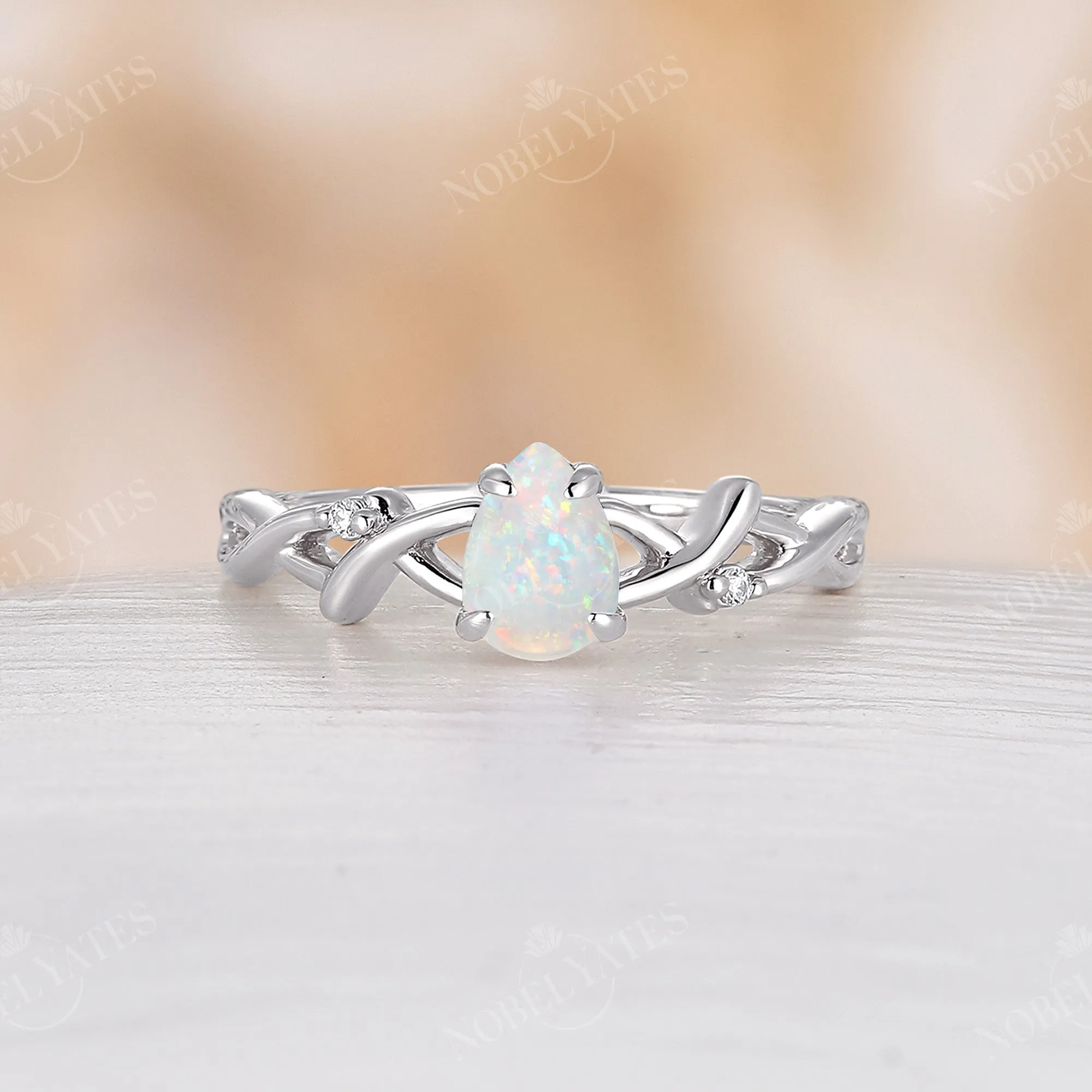 Pear shape White Opal Rose Gold Branch Engagement Ring