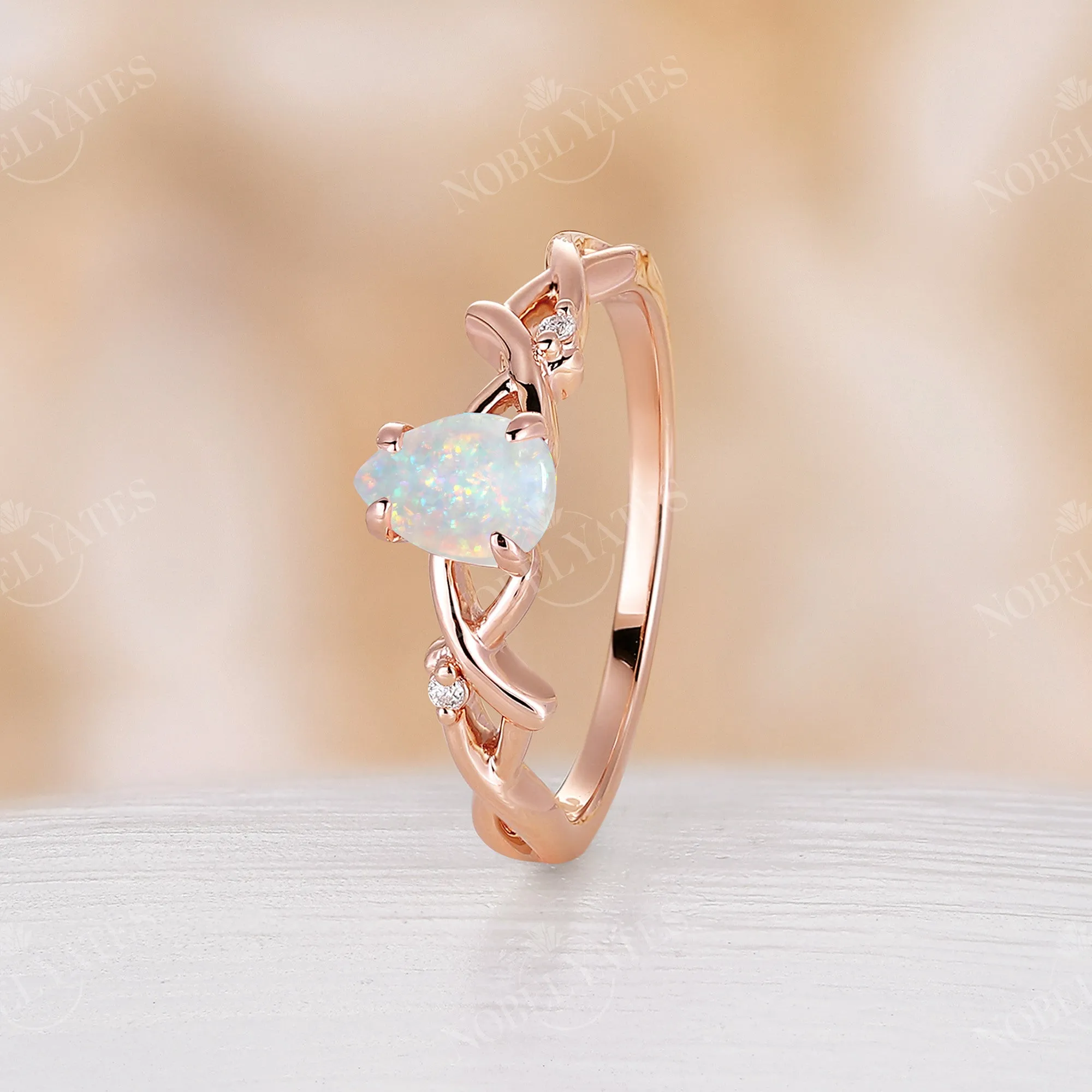 Pear shape White Opal Rose Gold Branch Engagement Ring