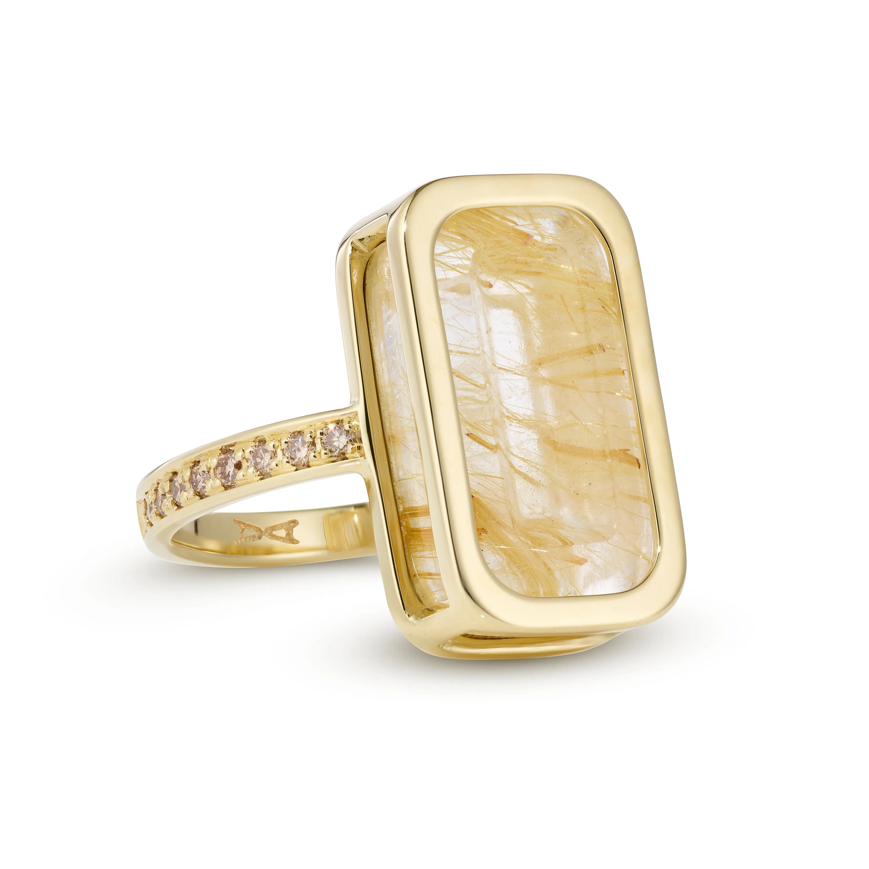 Pfefferminz ring pineapple stoned yellow gold with rutilated quartz and diamond