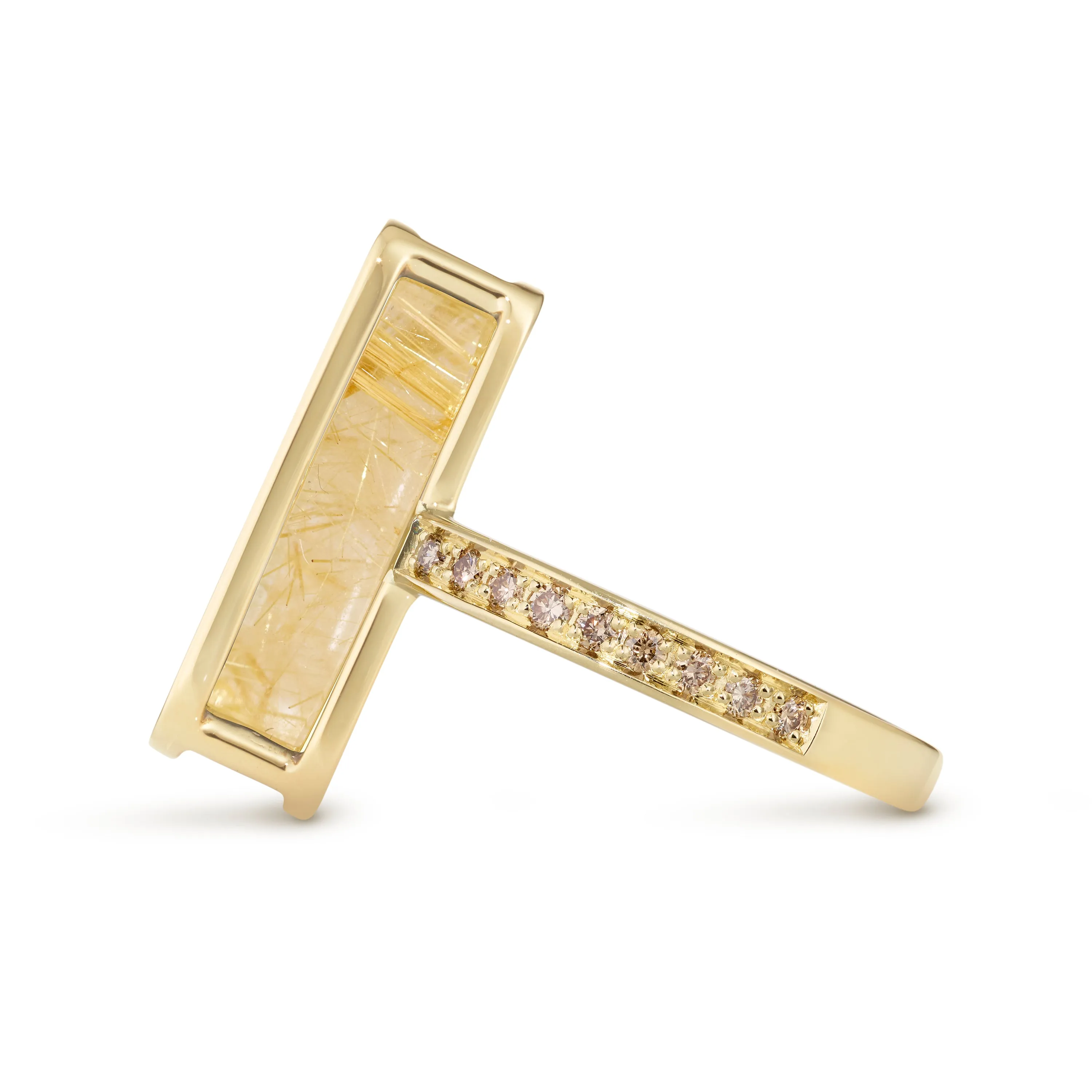 Pfefferminz ring pineapple stoned yellow gold with rutilated quartz and diamond