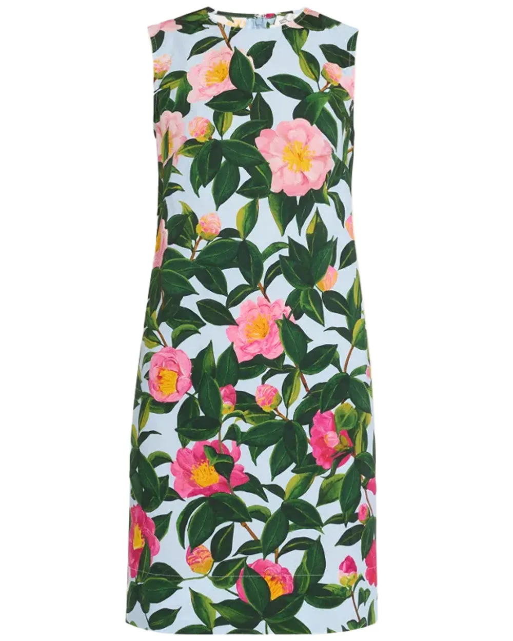 Pink and Blue Sleeveless Camellia Print Cotton Dress