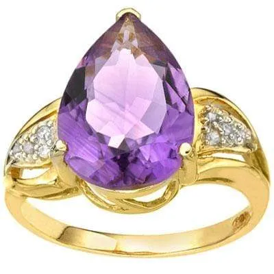 PRETTY 5.32 CARAT TW (9 PCS) AMETHYST & GENUINE DIAMOND 14K SOLID YELLOW GOLD RI