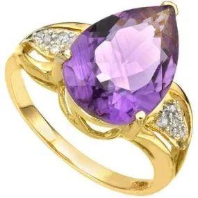 PRETTY 5.32 CARAT TW (9 PCS) AMETHYST & GENUINE DIAMOND 14K SOLID YELLOW GOLD RI