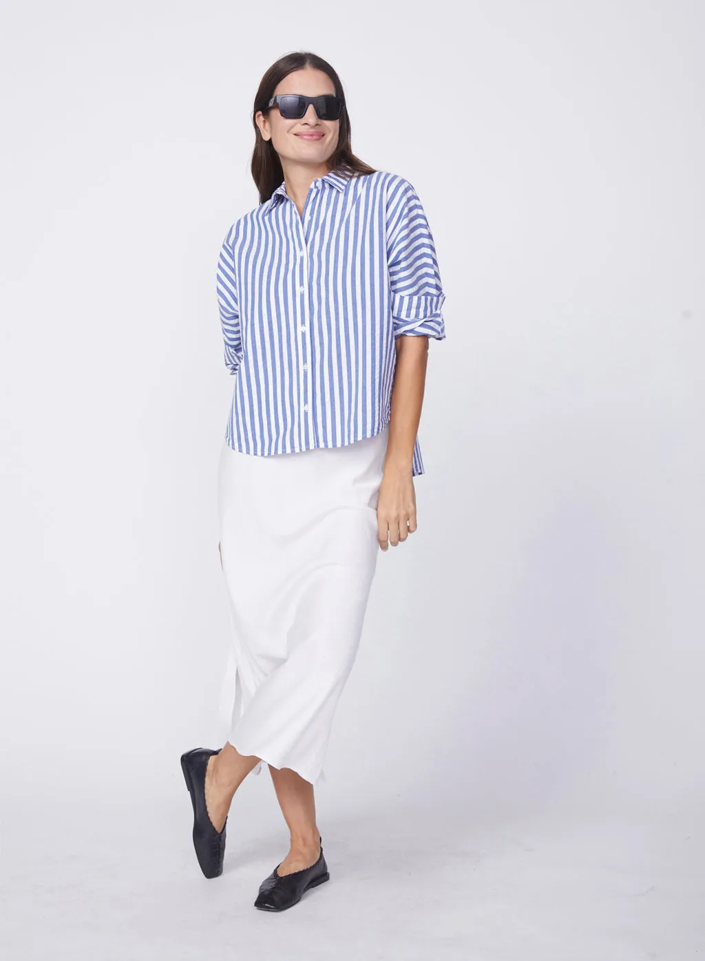 Puckered Stripe Dolman Shirt in Navy Stripe