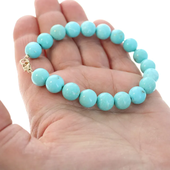 Robins Egg Blue Mexican Turquoise Round Beads Bracelet 14K Gold