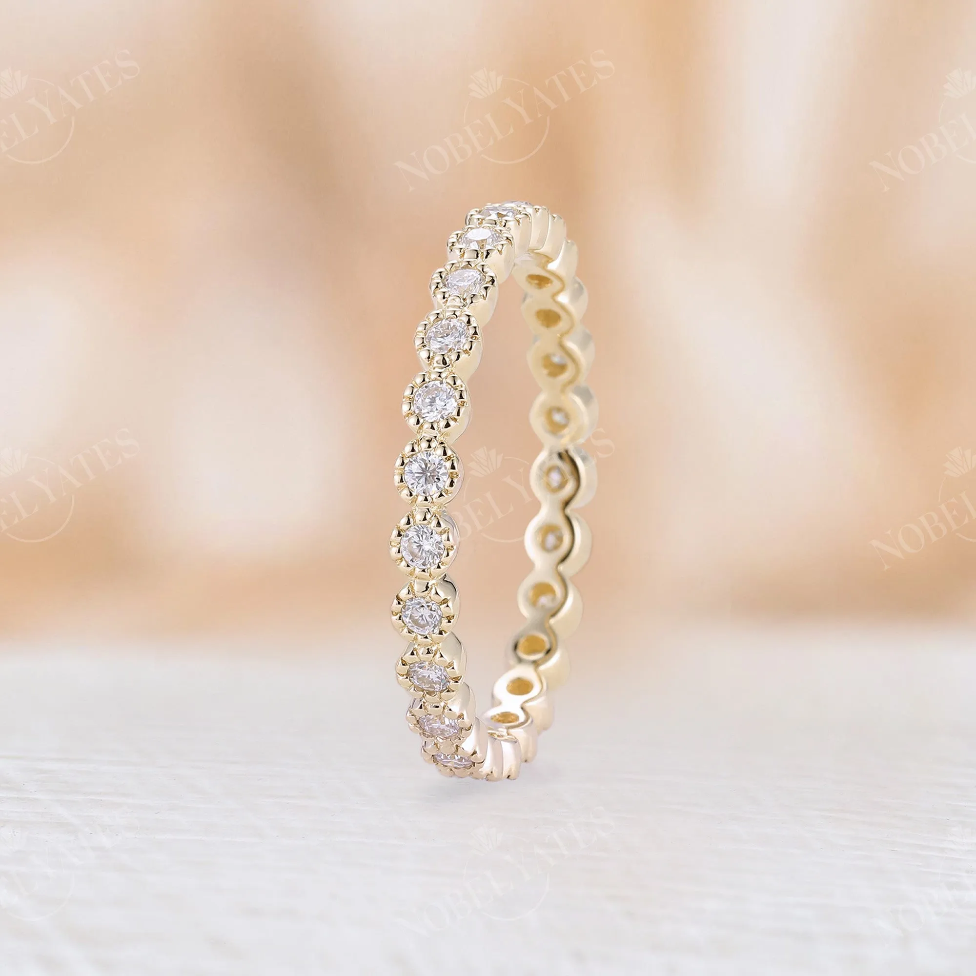 Round Moissanite Full Eternity Wedding Band Yellow Gold