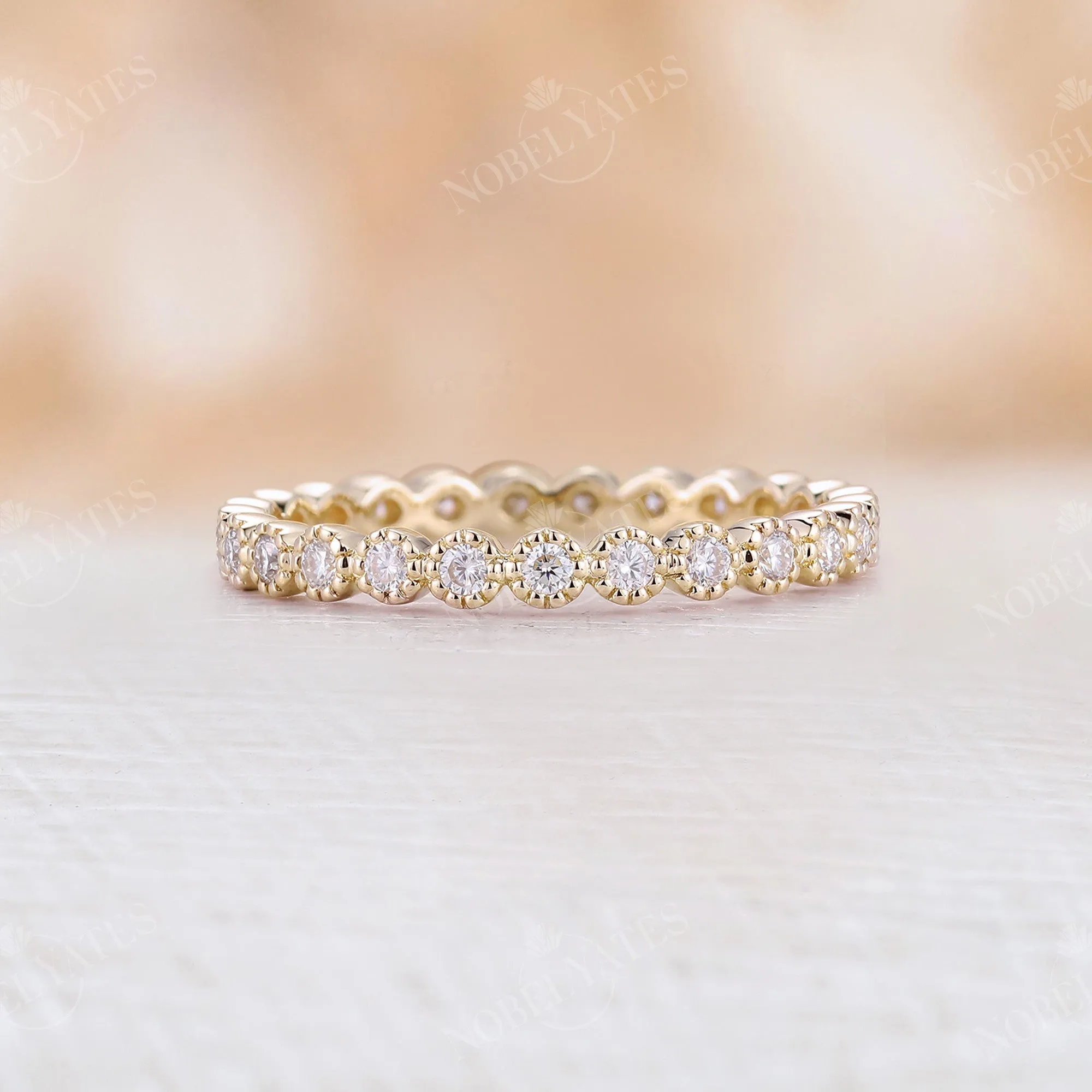 Round Moissanite Full Eternity Wedding Band Yellow Gold