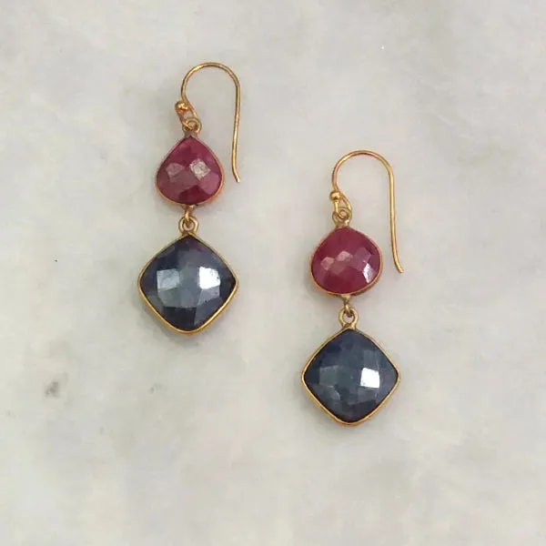 Ruby and Blue Sapphire Double Drop Earrings