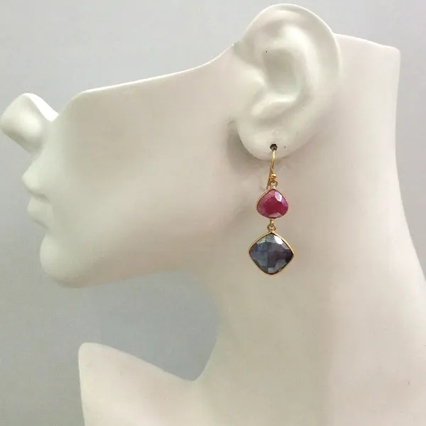 Ruby and Blue Sapphire Double Drop Earrings