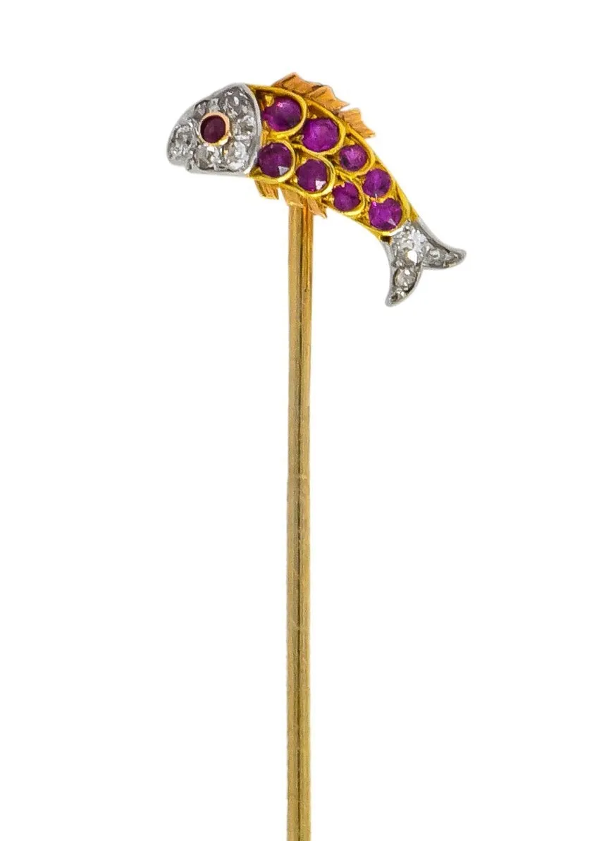 Ruby Diamond Platinum-Topped 14 Karat Two-Tone Gold Fish Stickpin