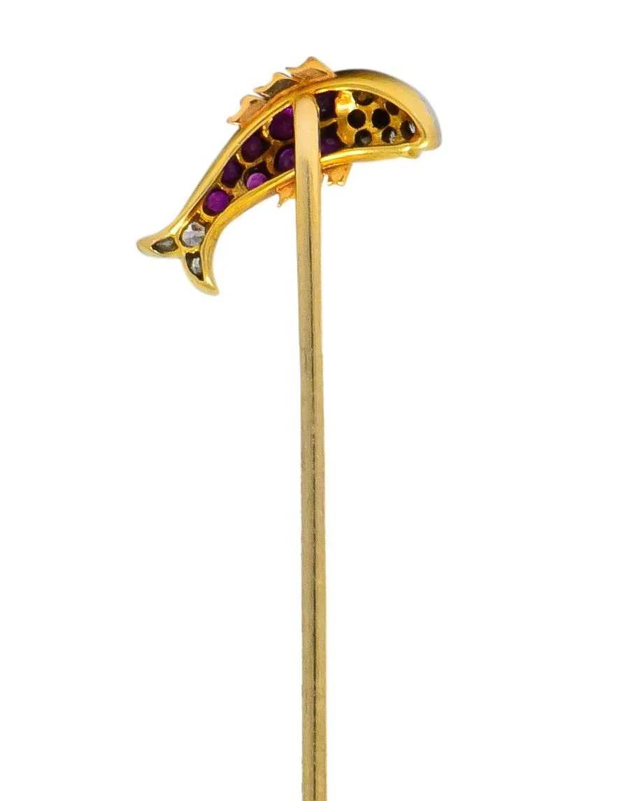 Ruby Diamond Platinum-Topped 14 Karat Two-Tone Gold Fish Stickpin