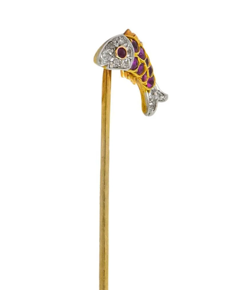 Ruby Diamond Platinum-Topped 14 Karat Two-Tone Gold Fish Stickpin