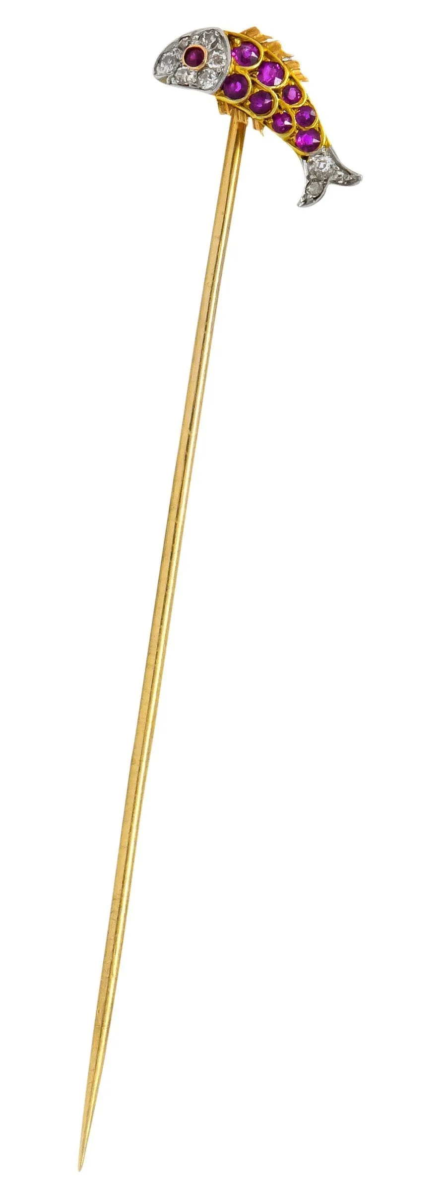 Ruby Diamond Platinum-Topped 14 Karat Two-Tone Gold Fish Stickpin