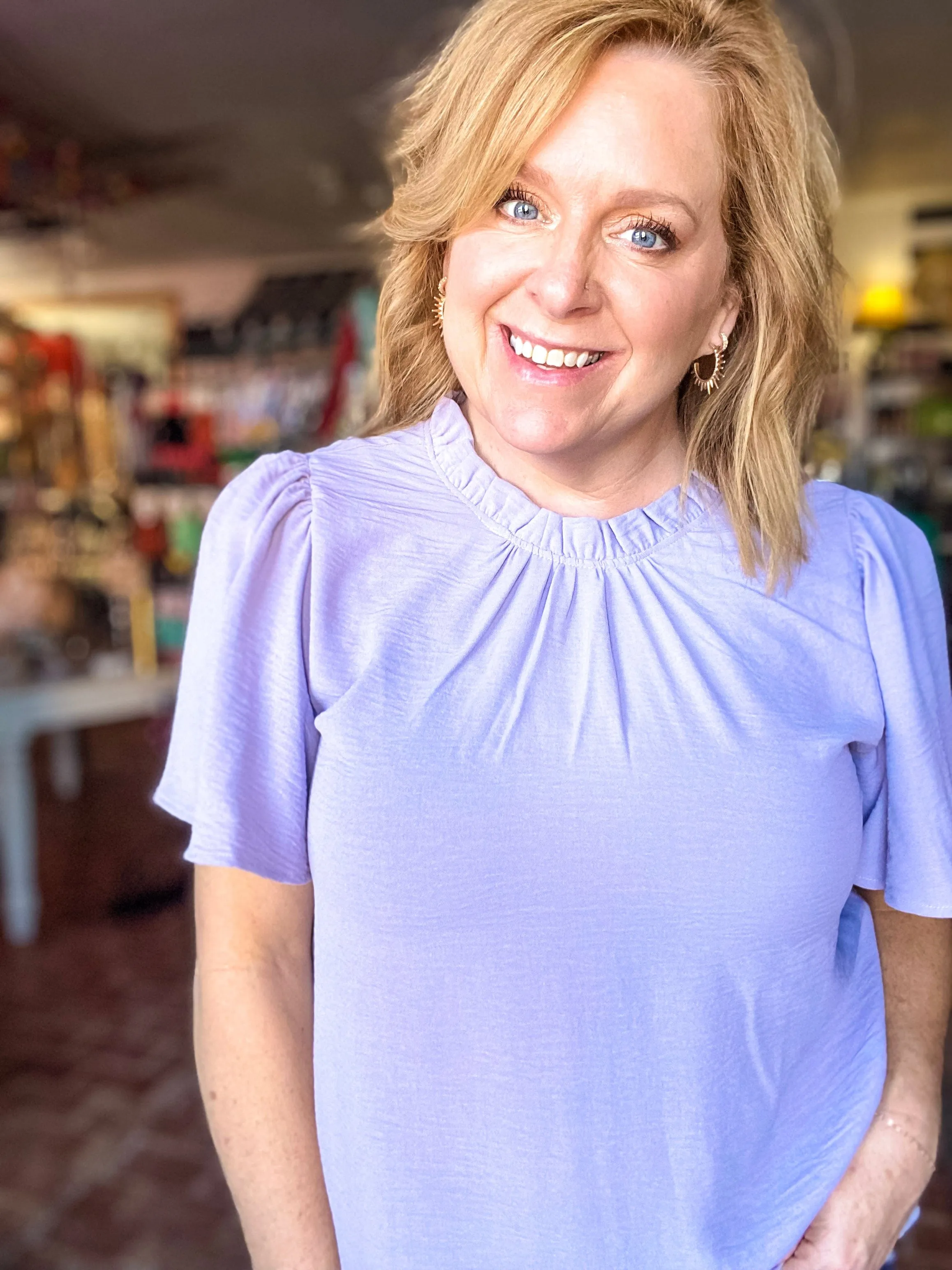 Ruffle Neck Top- Gray