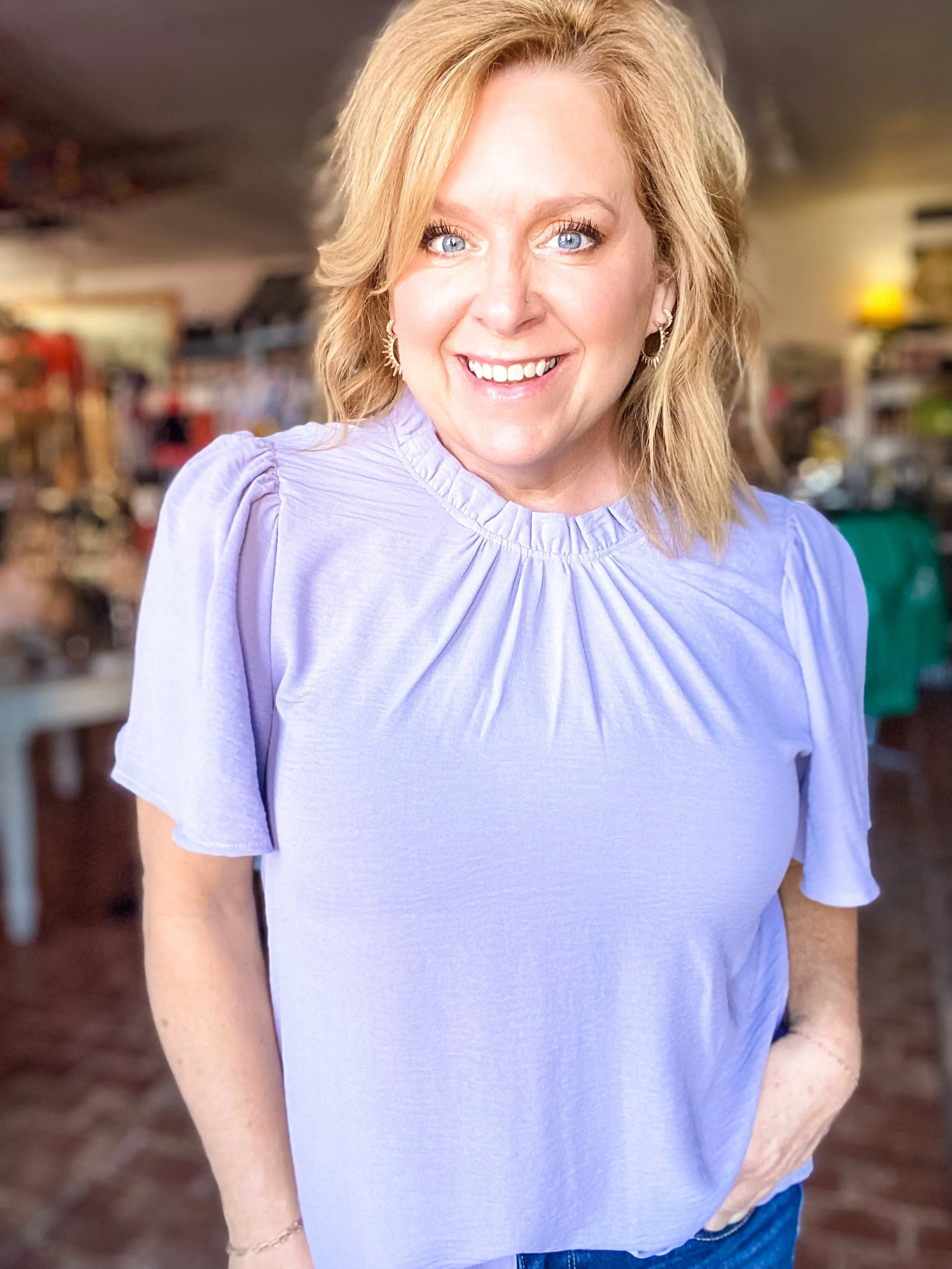 Ruffle Neck Top- Gray