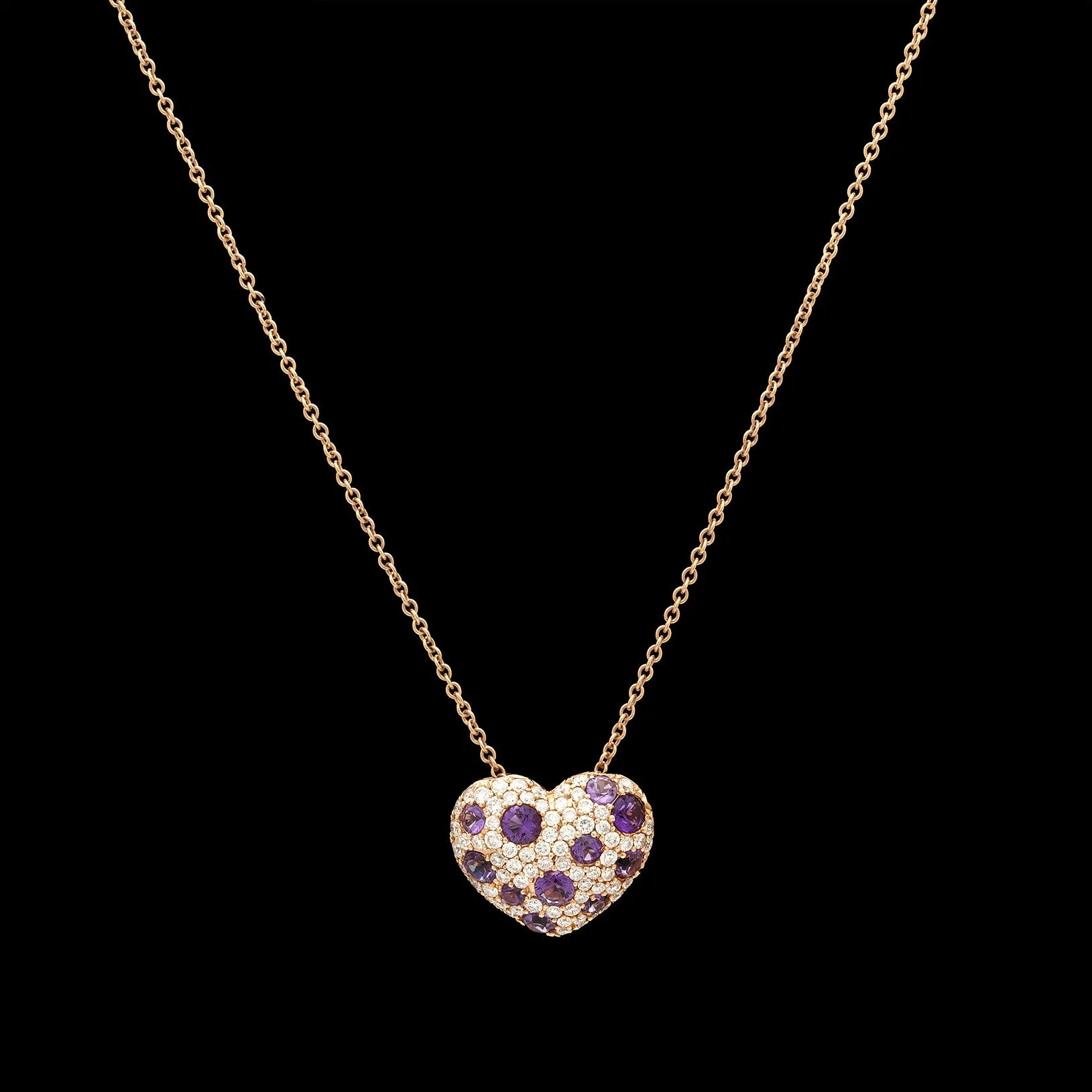 Salavetti Diamond & Amethyst 18Kt Rose Gold Heart Necklace