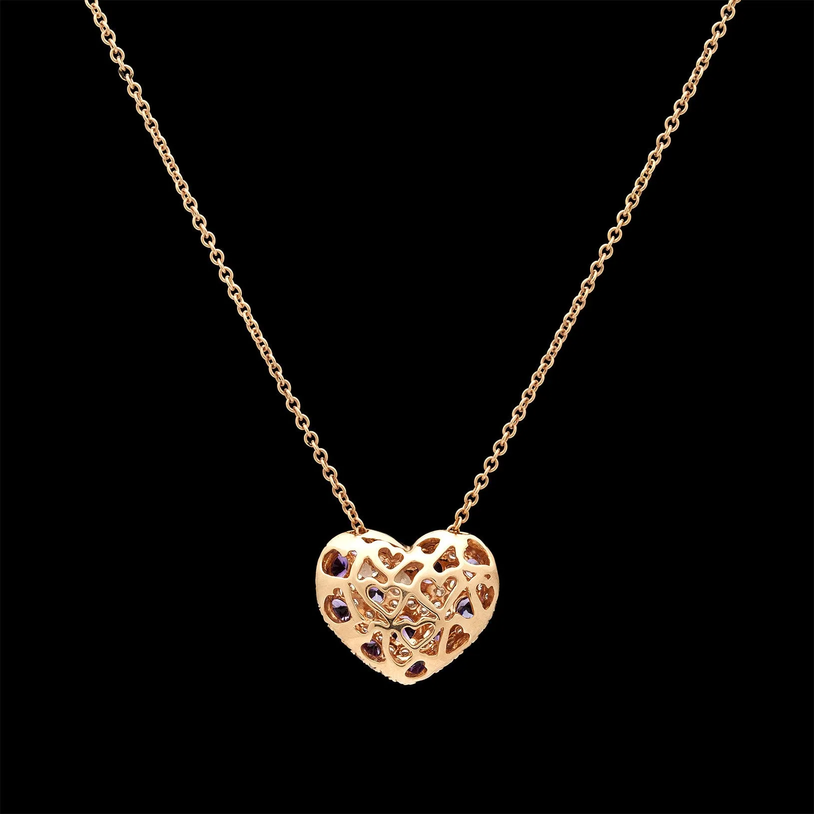 Salavetti Diamond & Amethyst 18Kt Rose Gold Heart Necklace