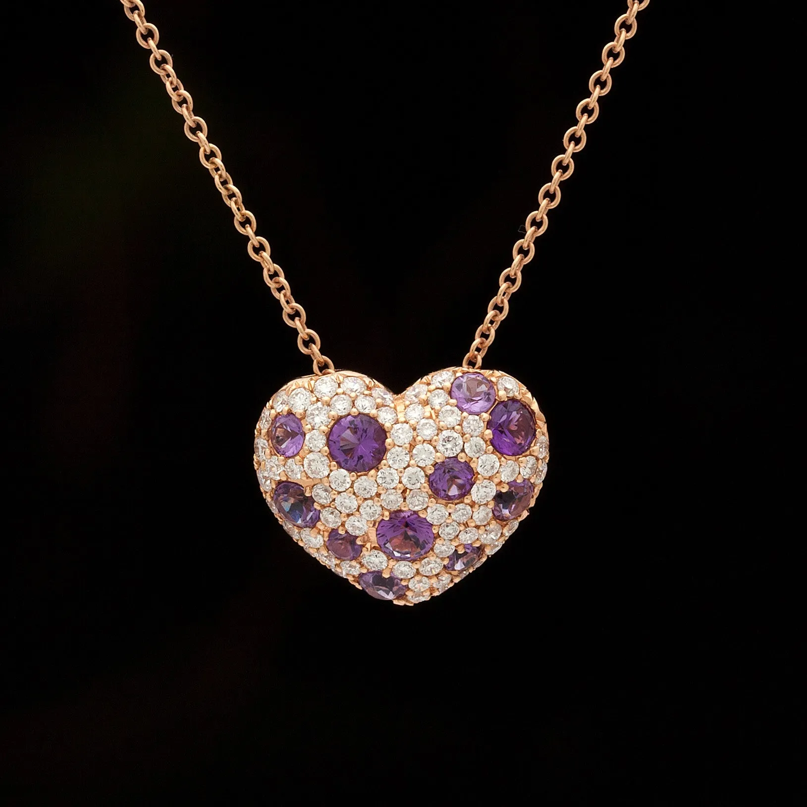 Salavetti Diamond & Amethyst 18Kt Rose Gold Heart Necklace