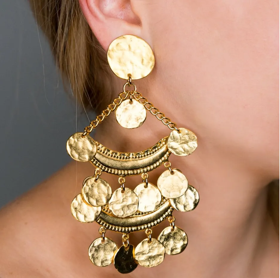 Satin Gold Two Row Coin Drop Clip Earring