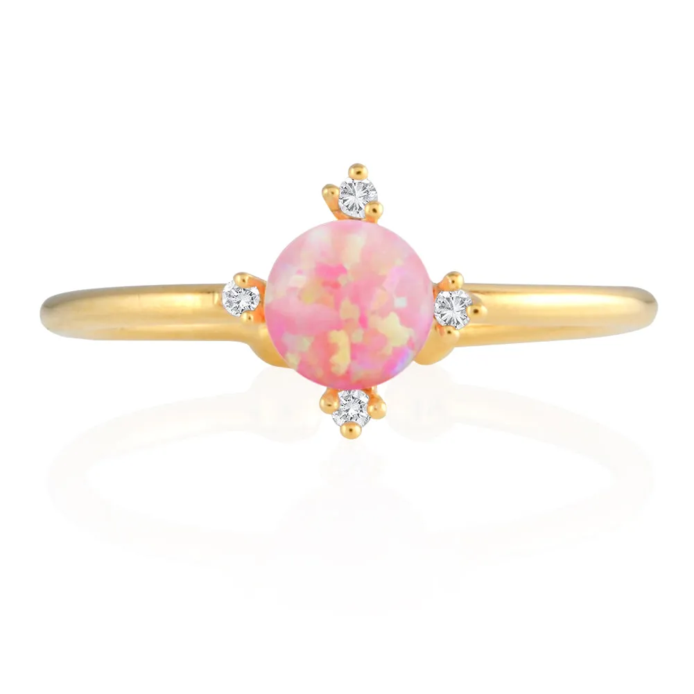 Simple Created Opal and CZ Adjustable Ring 14K Gold Plated