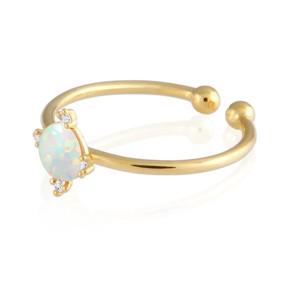 Simple Created Opal and CZ Adjustable Ring 14K Gold Plated