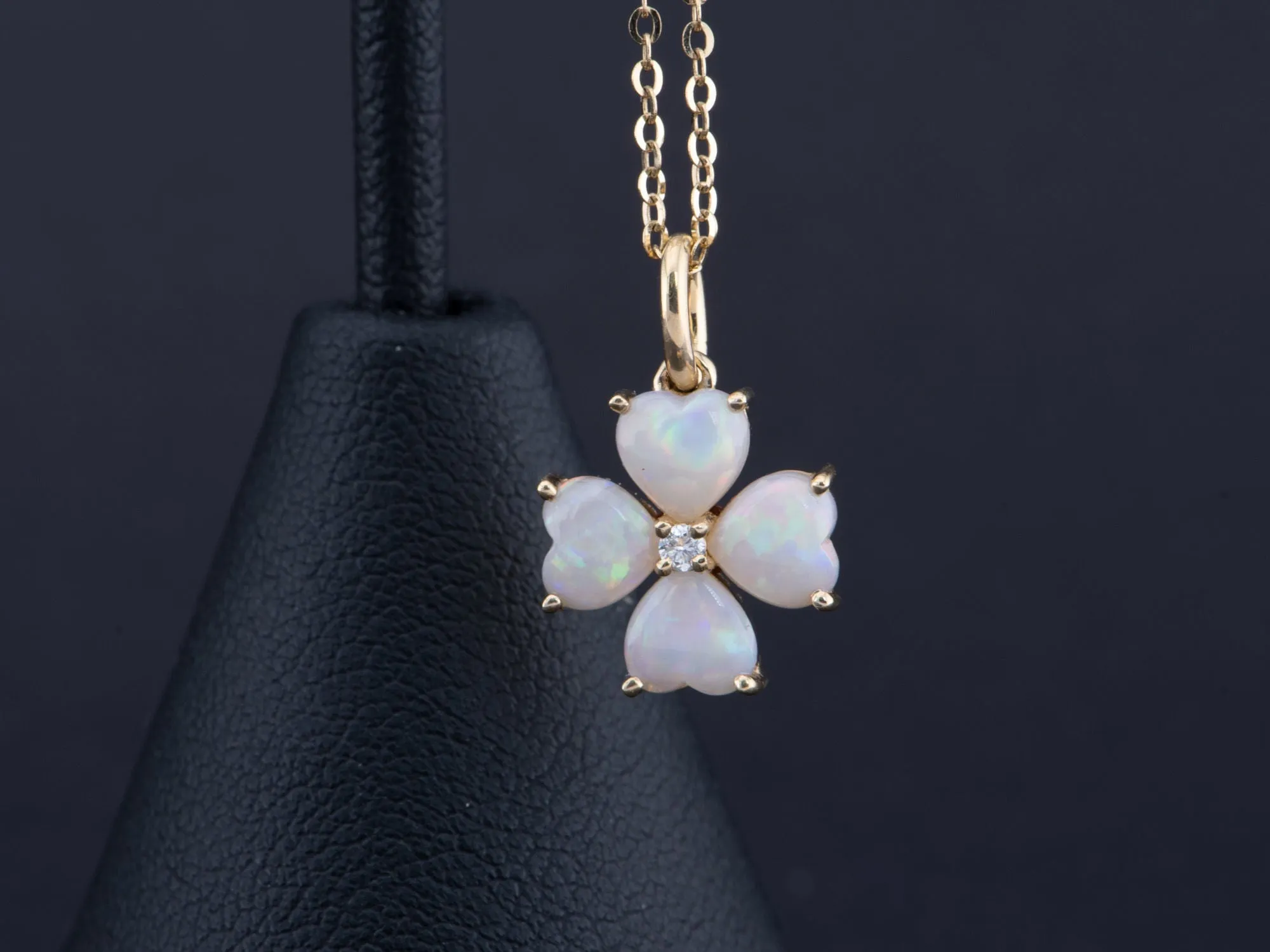 Solid Australian Opal and Diamond Clover Pendant 14K Gold R4516