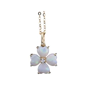 Solid Australian Opal and Diamond Clover Pendant 14K Gold R4516