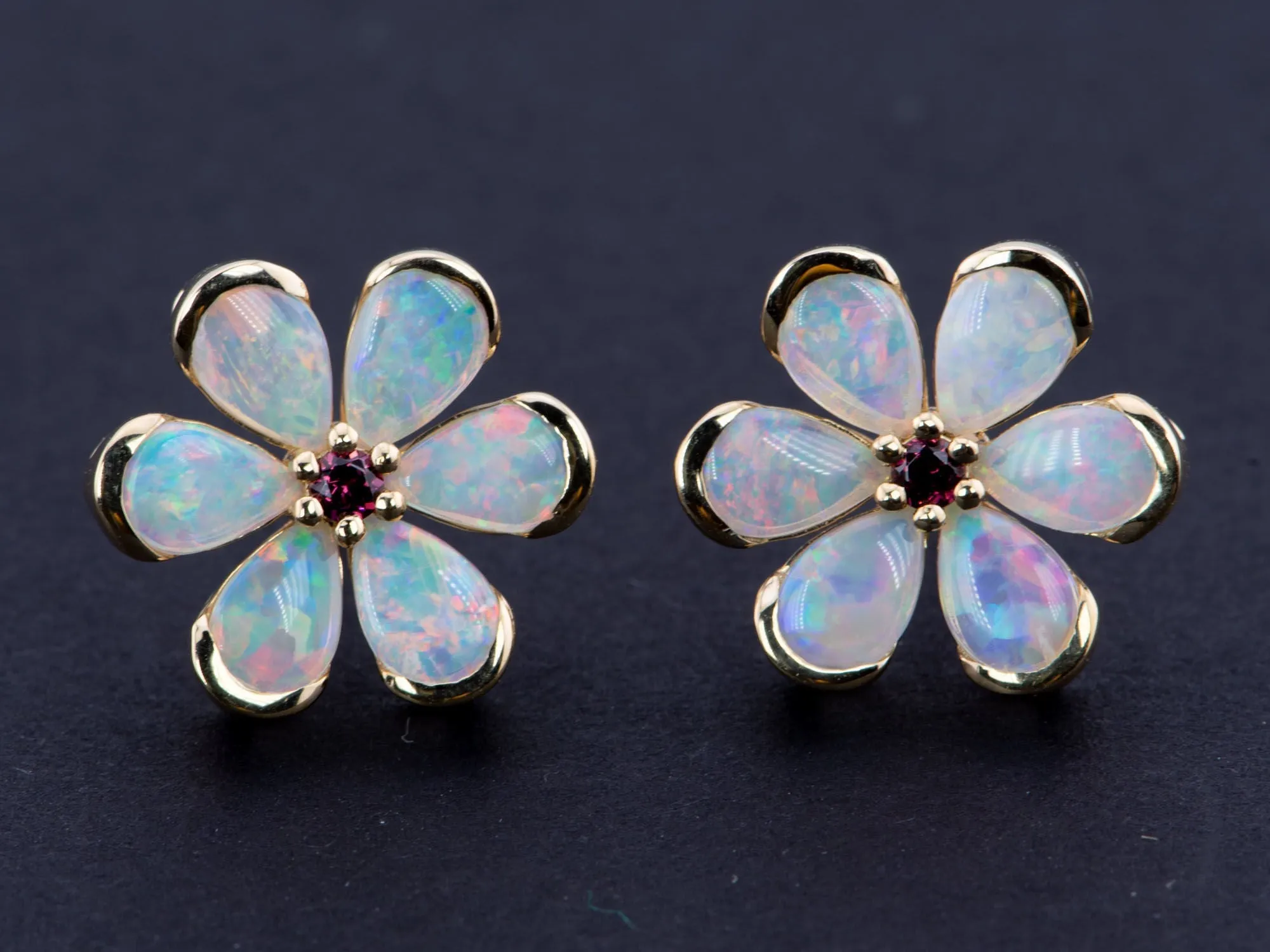 Solid Australian Opal Floral Style Earrings with Garnet Center 14K Gold R3188