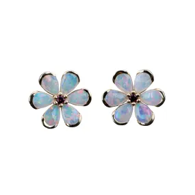 Solid Australian Opal Floral Style Earrings with Garnet Center 14K Gold R3188