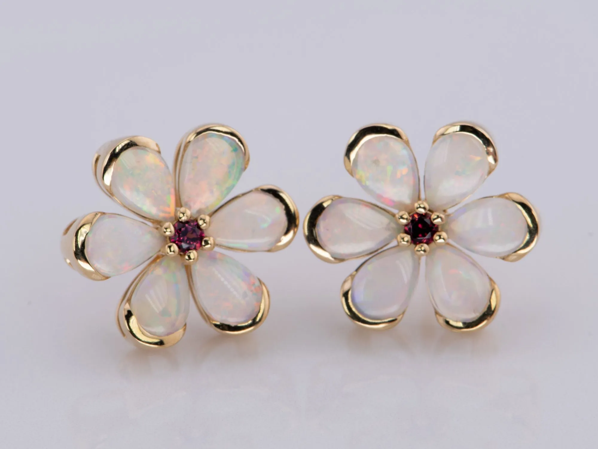 Solid Australian Opal Floral Style Earrings with Garnet Center 14K Gold R3188