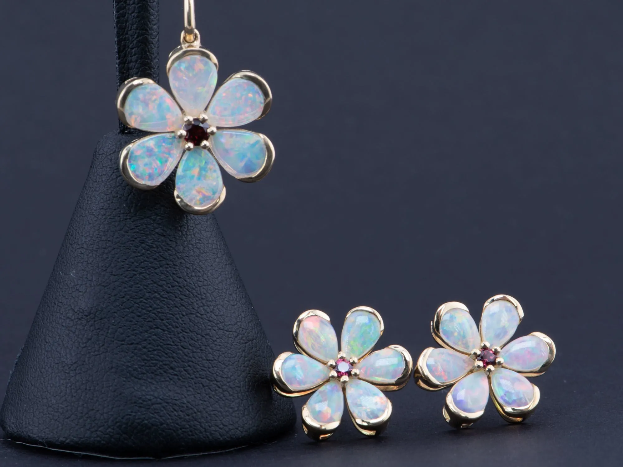 Solid Australian Opal Floral Style Earrings with Garnet Center 14K Gold R3188