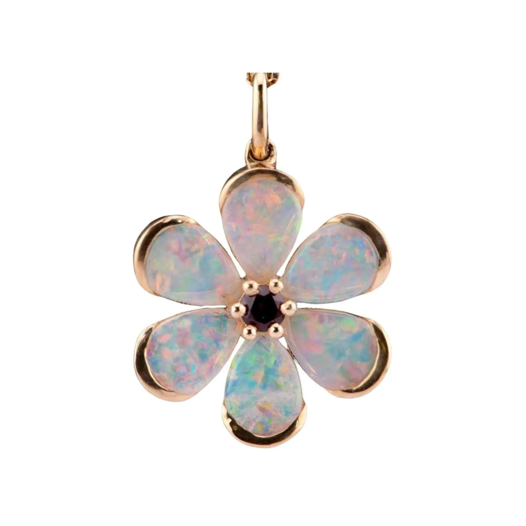 Solid Australian Opal Floral Style Pendant with Garnet Center 14K Gold R4514