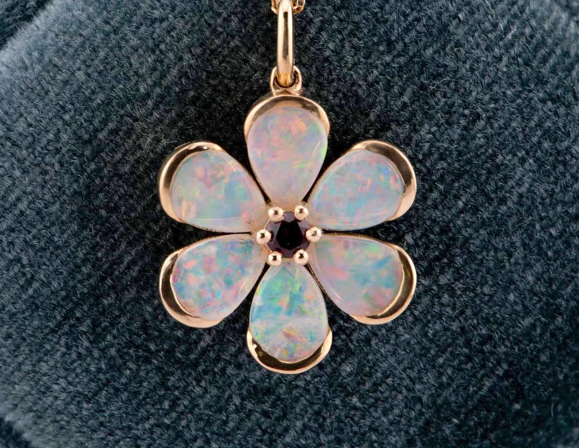 Solid Australian Opal Floral Style Pendant with Garnet Center 14K Gold R4514