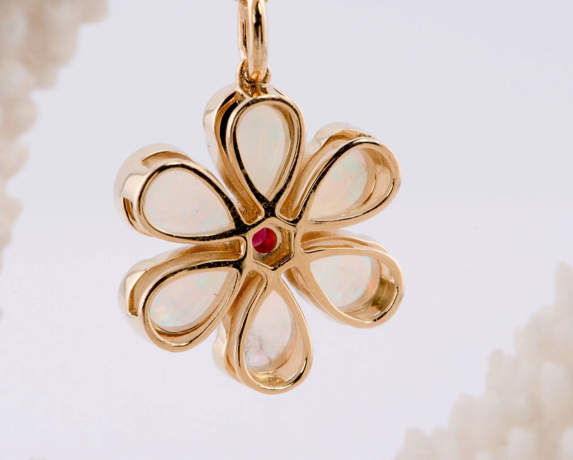 Solid Australian Opal Floral Style Pendant with Garnet Center 14K Gold R4514