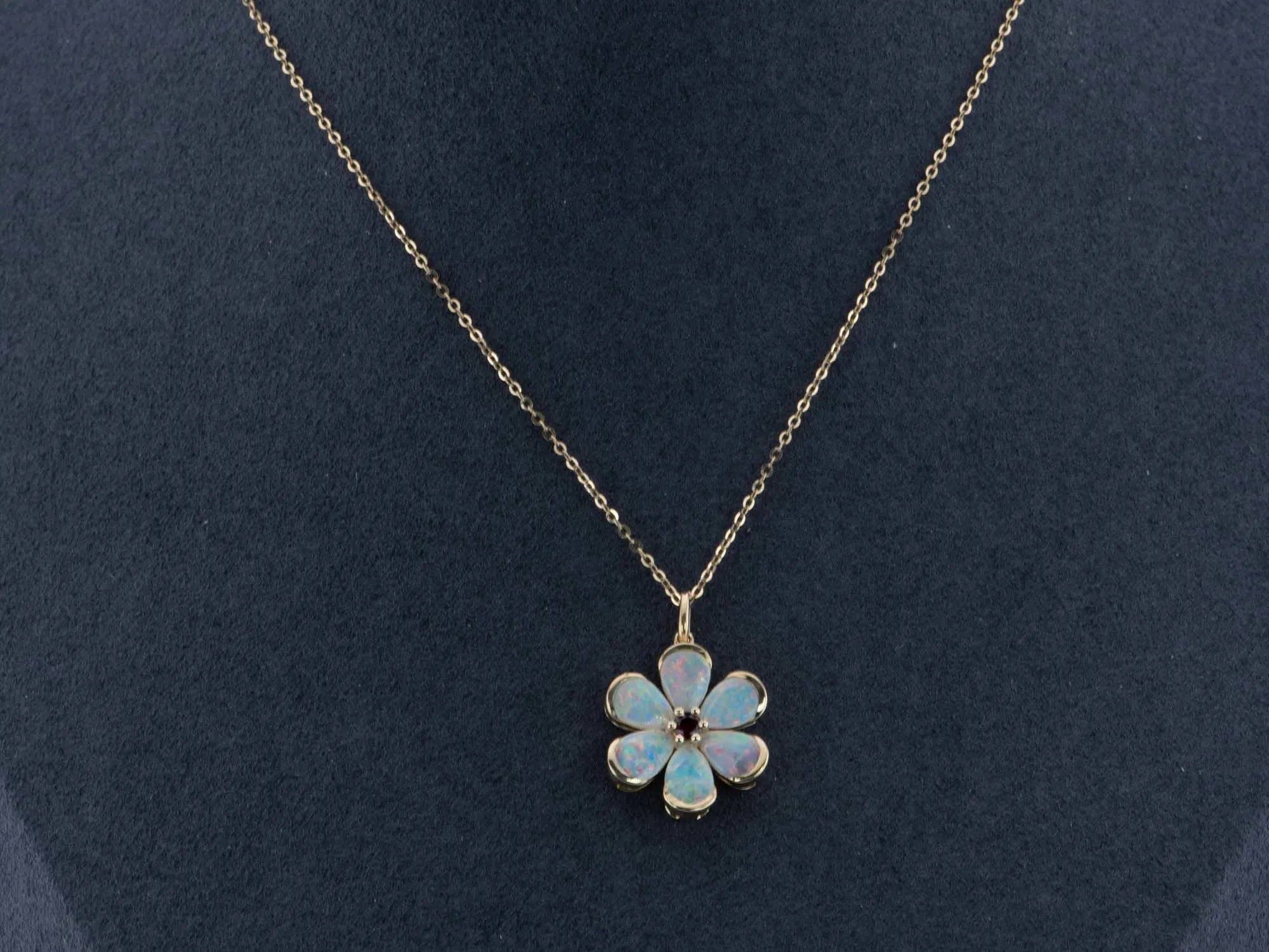 Solid Australian Opal Floral Style Pendant with Garnet Center 14K Gold R4514