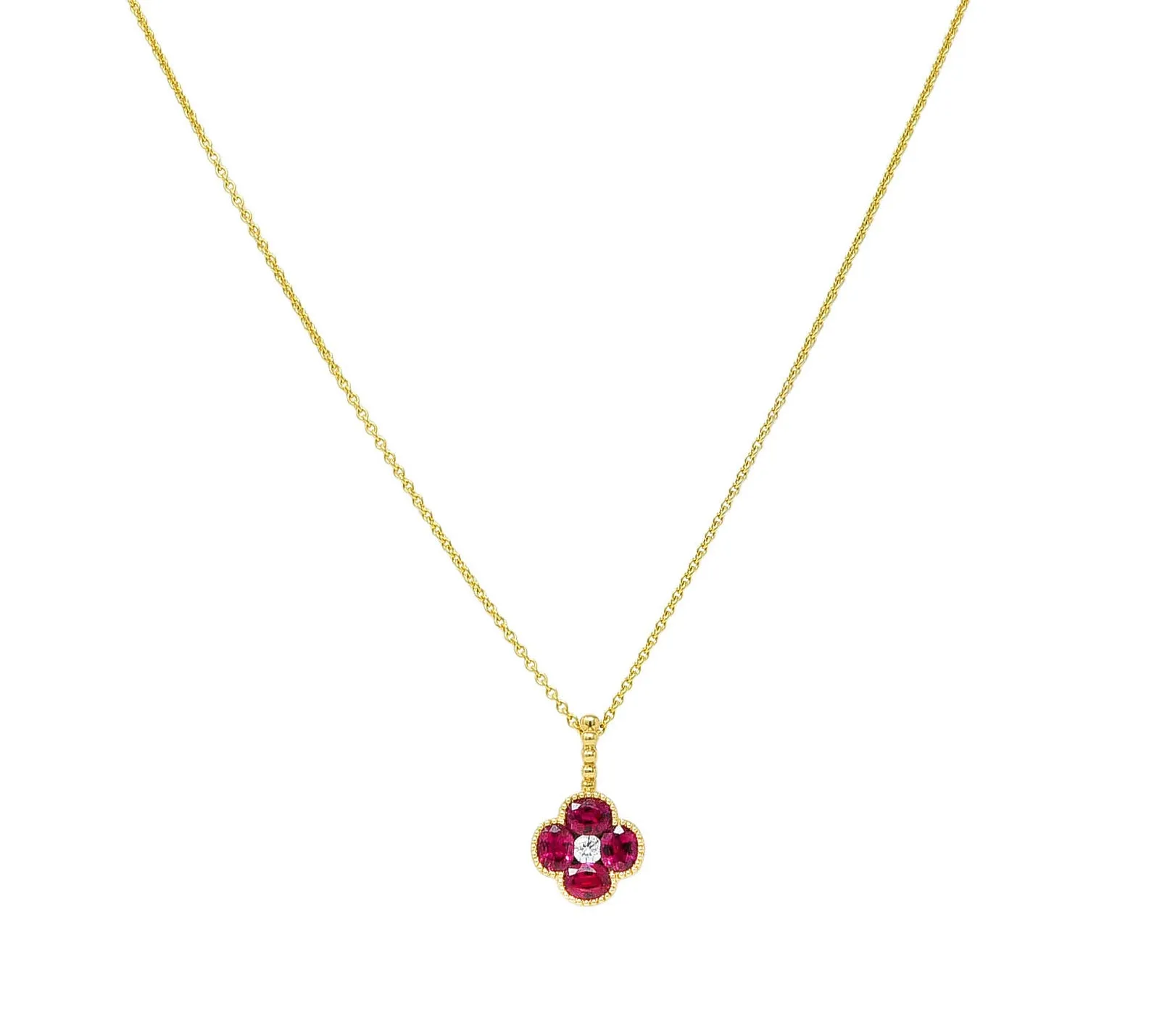 Spark 1.51 CTW Ruby Diamond 18 Karat Yellow Gold Flower Pendant Necklace