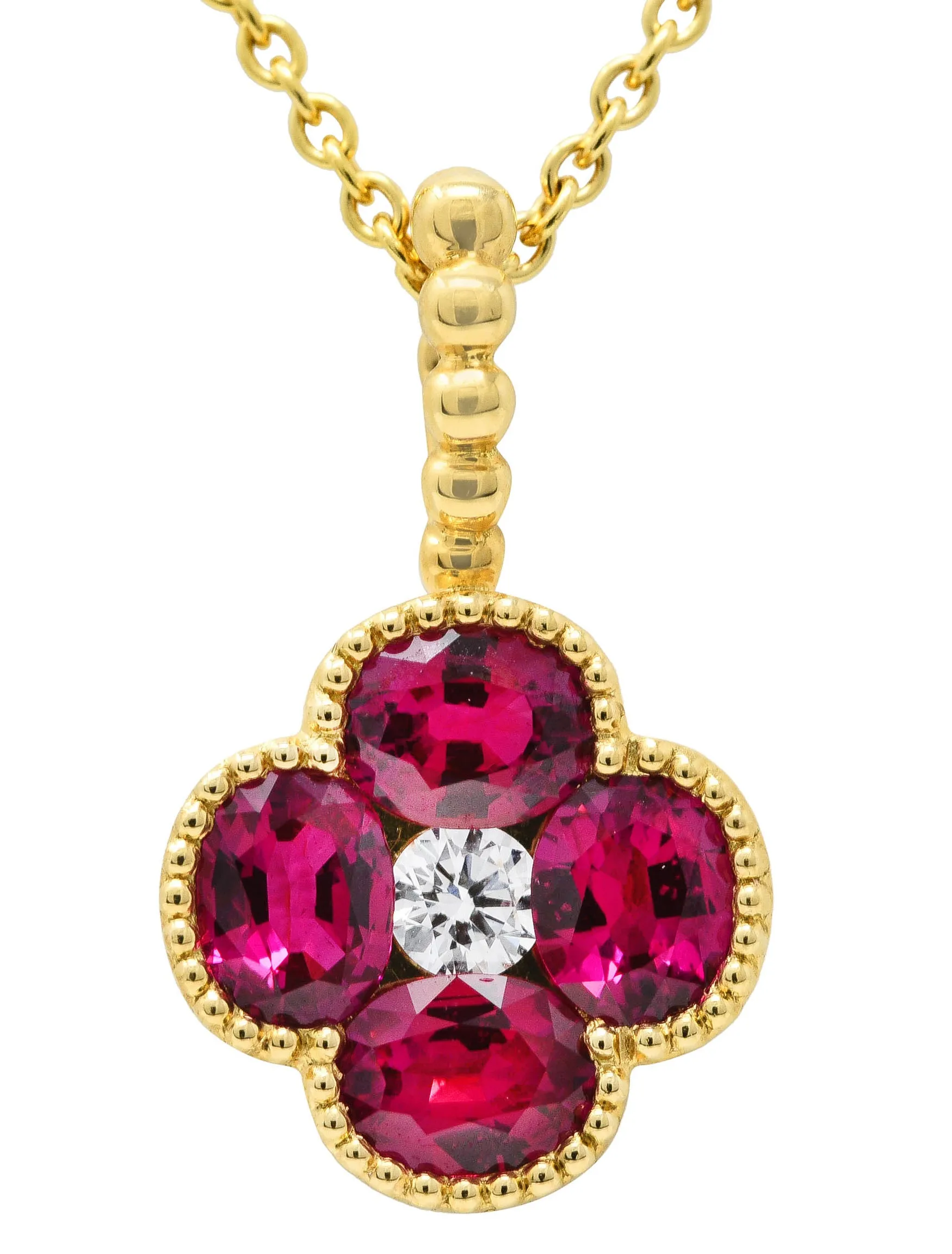 Spark 1.51 CTW Ruby Diamond 18 Karat Yellow Gold Flower Pendant Necklace