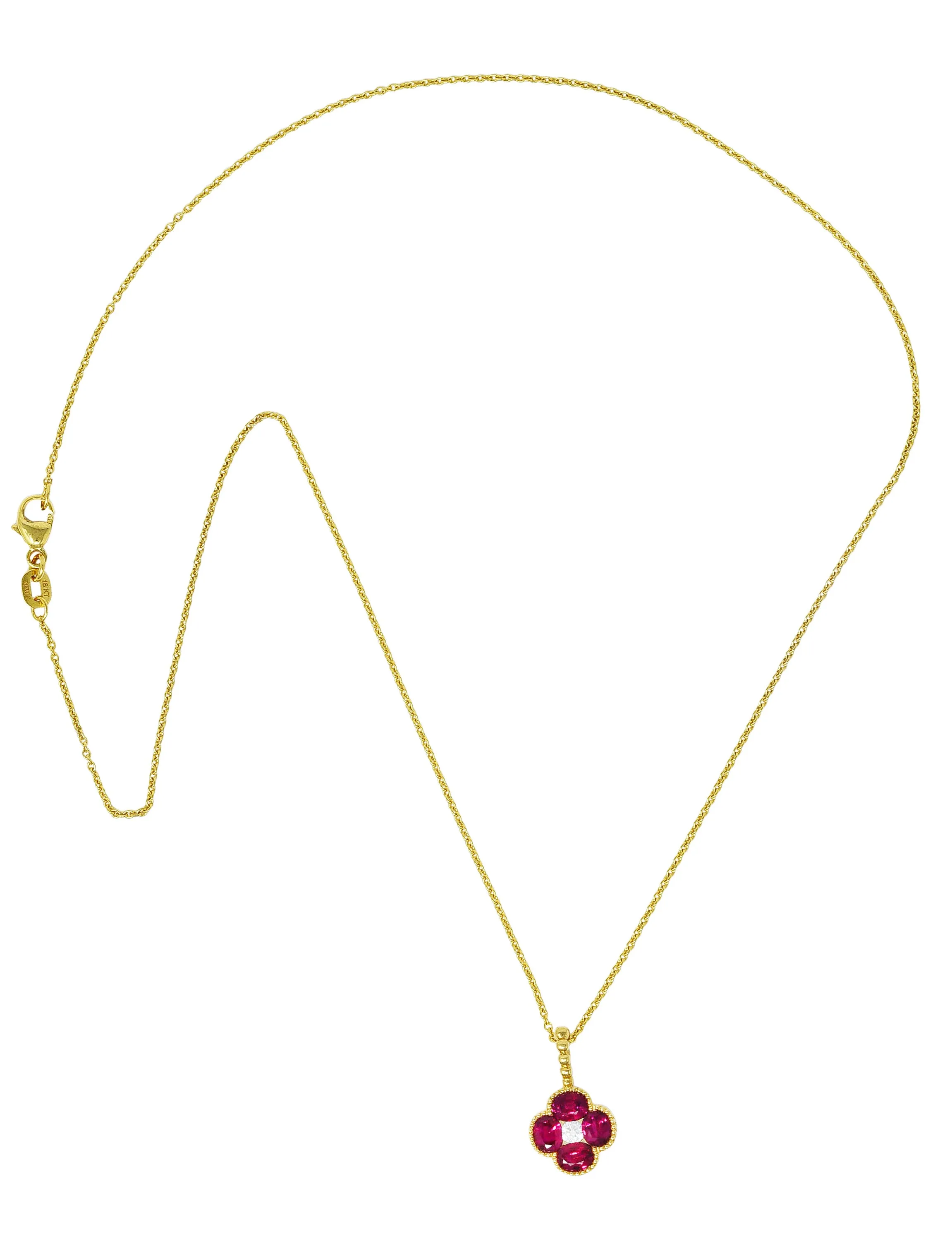 Spark 1.51 CTW Ruby Diamond 18 Karat Yellow Gold Flower Pendant Necklace