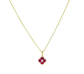 Spark 1.51 CTW Ruby Diamond 18 Karat Yellow Gold Flower Pendant Necklace