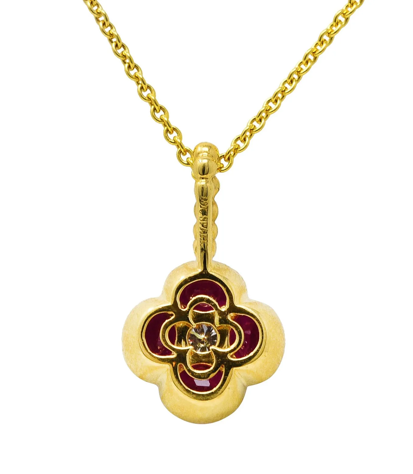 Spark 1.51 CTW Ruby Diamond 18 Karat Yellow Gold Flower Pendant Necklace