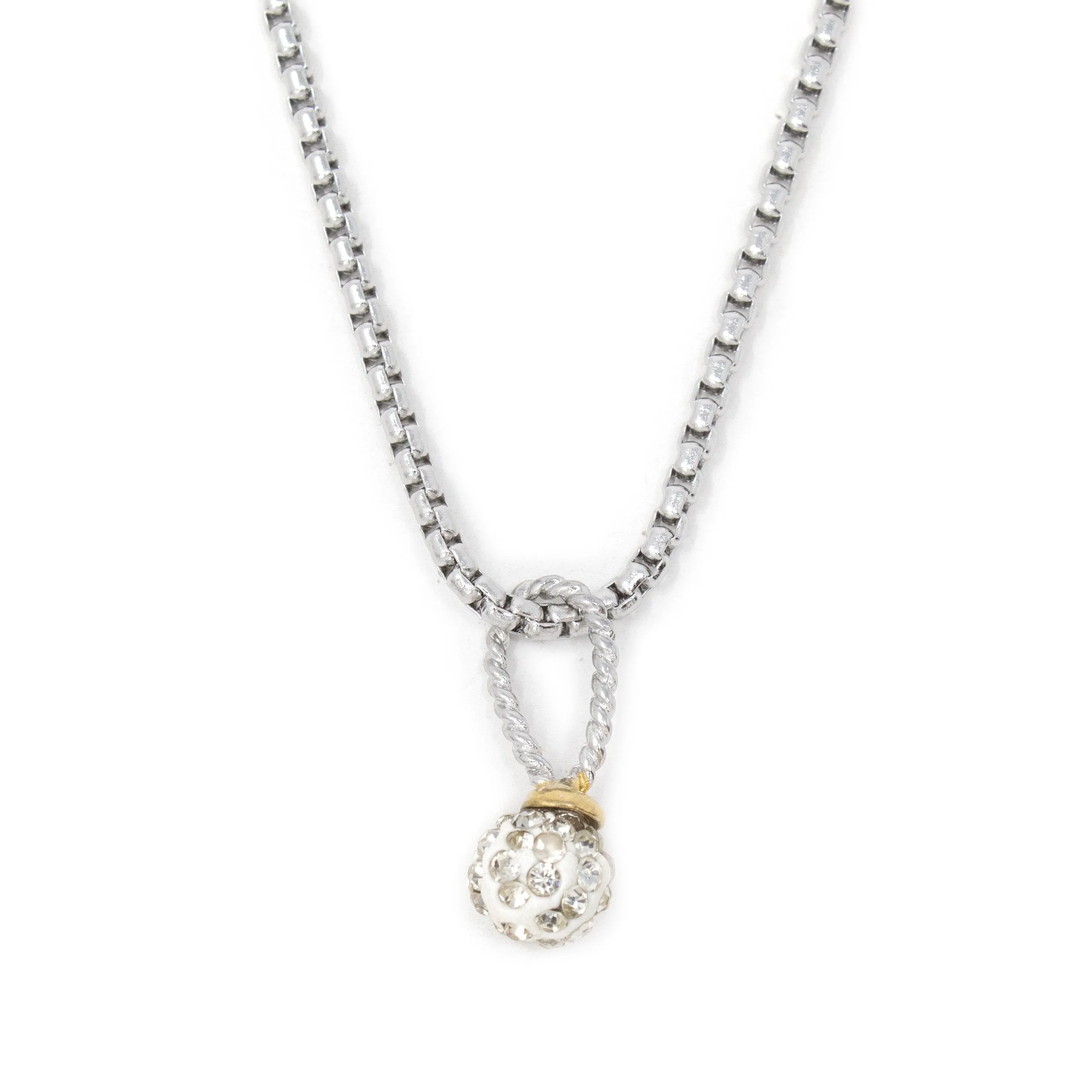 Stainless St Necklace with Two Tone Pave Ball Pendant