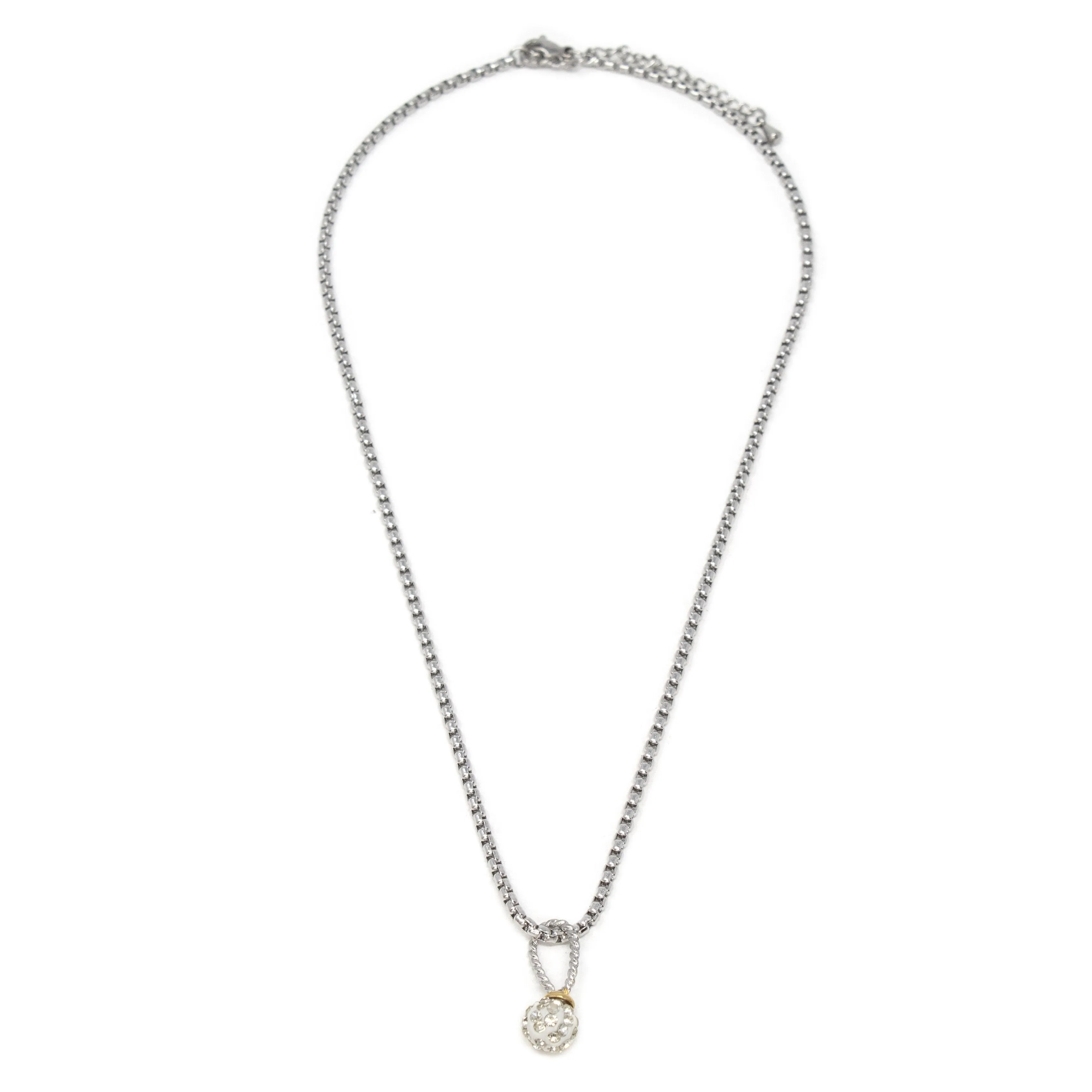 Stainless St Necklace with Two Tone Pave Ball Pendant