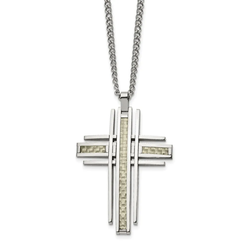 Stainless Steel Gray or Black Carbon Fiber LG Bar Cross Necklace, 24in