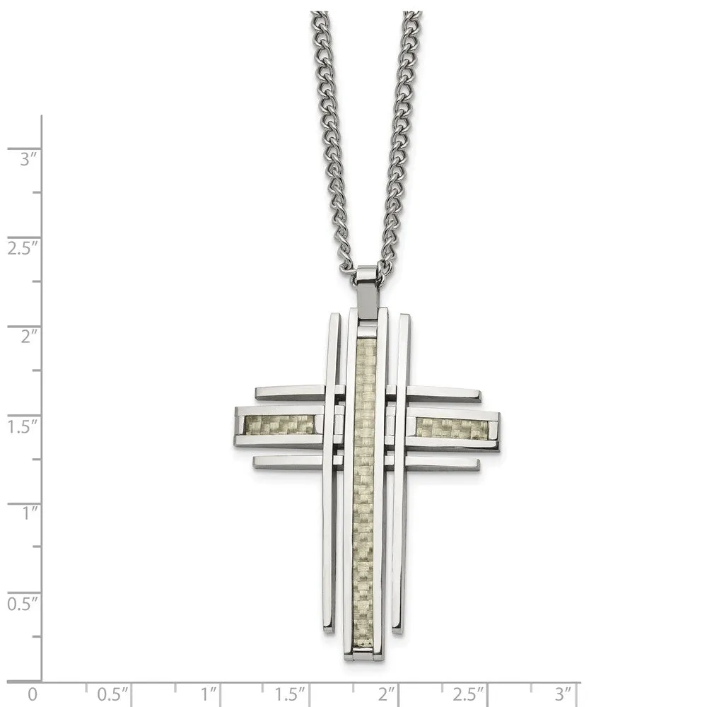 Stainless Steel Gray or Black Carbon Fiber LG Bar Cross Necklace, 24in