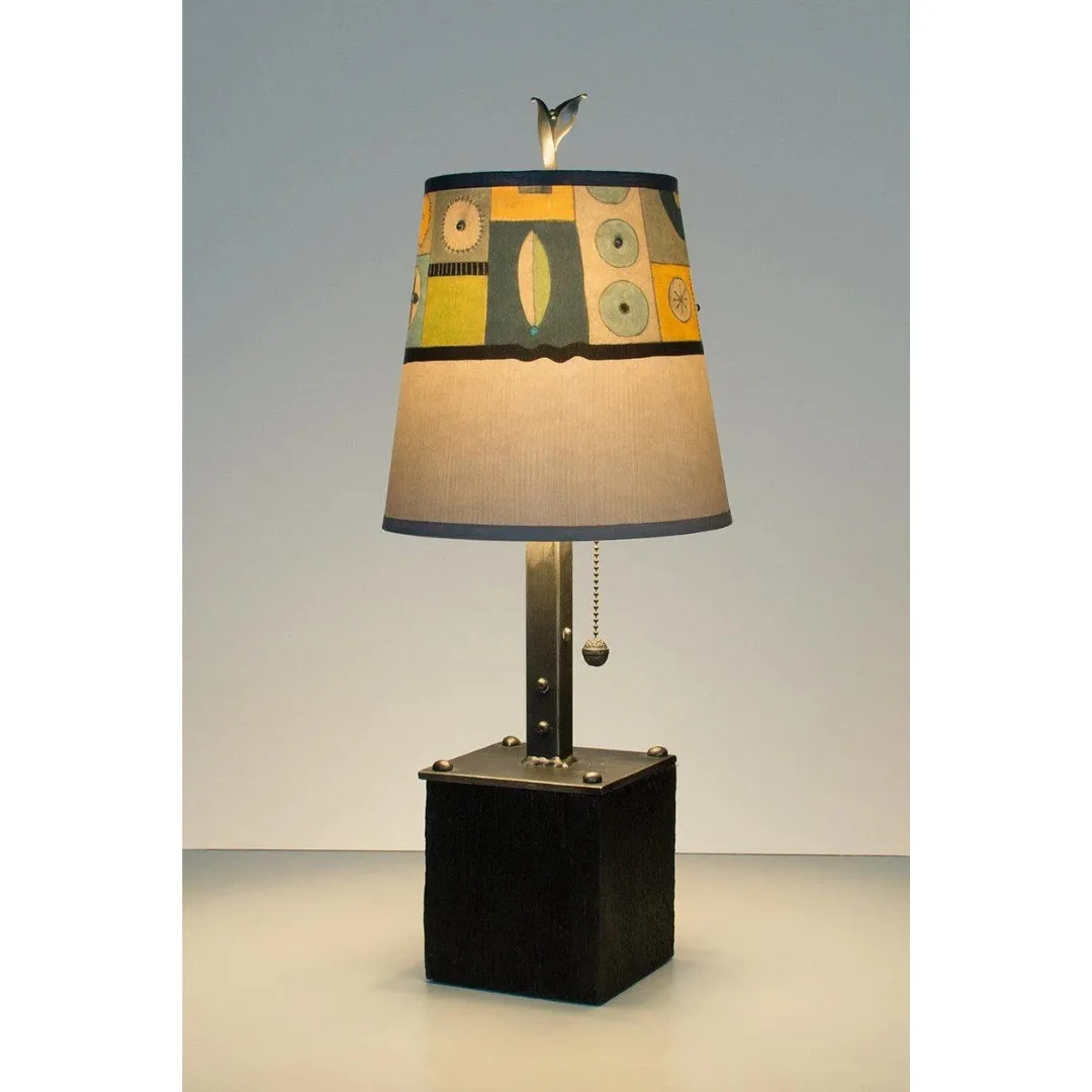 Steel Table Lamp on Reclaimed Wood with Small Drum Shade in Lucky Mosaic Oyster