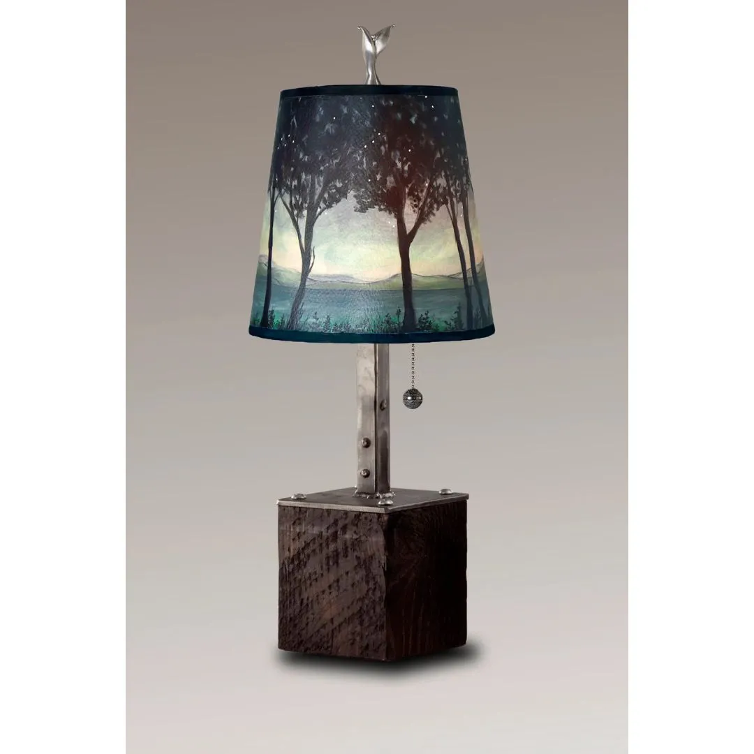 Steel Table Lamp on Reclaimed Wood with Small Drum Shade in Twilight