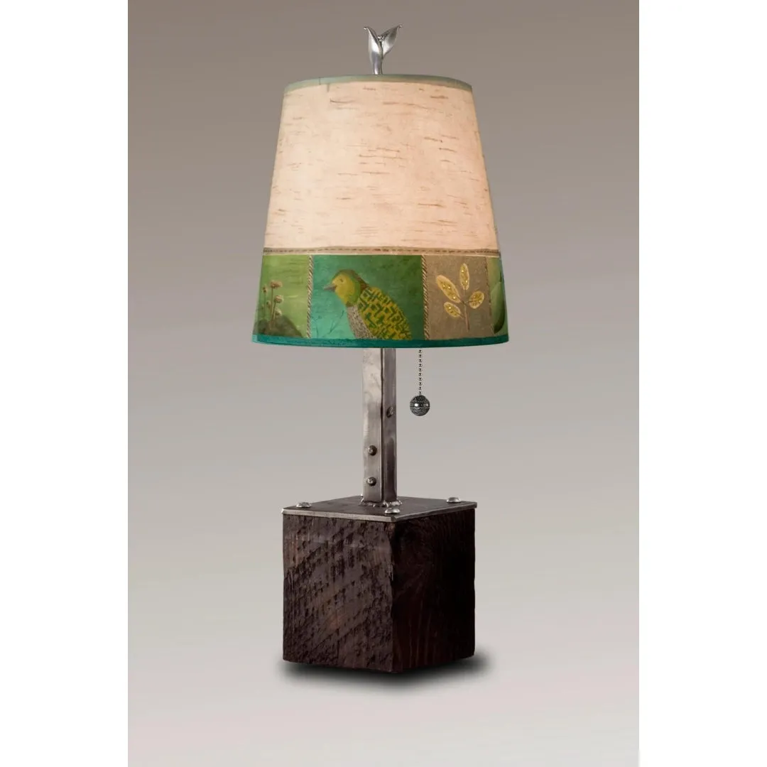 Steel Table Lamp on Reclaimed Wood with Small Drum Shade in Woodland Trails in Birch