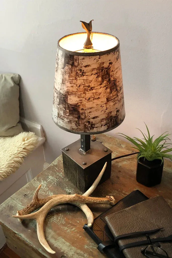 Steel Table Lamp on Wood with Birch Bark Shade