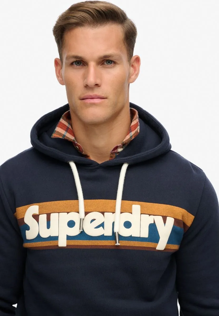 Superdry Retro Stripe Logo Overhead Hooded Sweatshirts Eclipse Navy