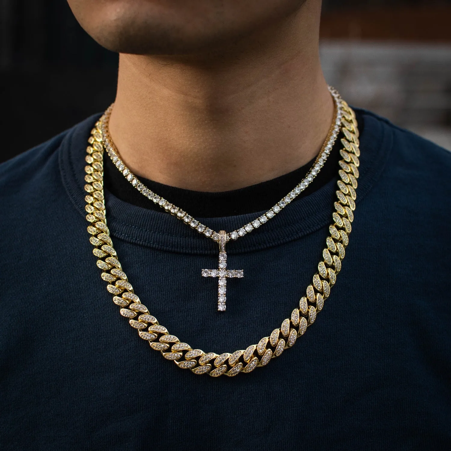 Tennis Chain w/ Cross + Diamond Cuban Link Bundle